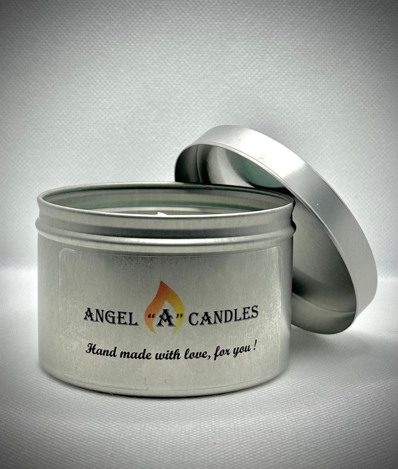 Angel A Candles handmade candle in lidded tin