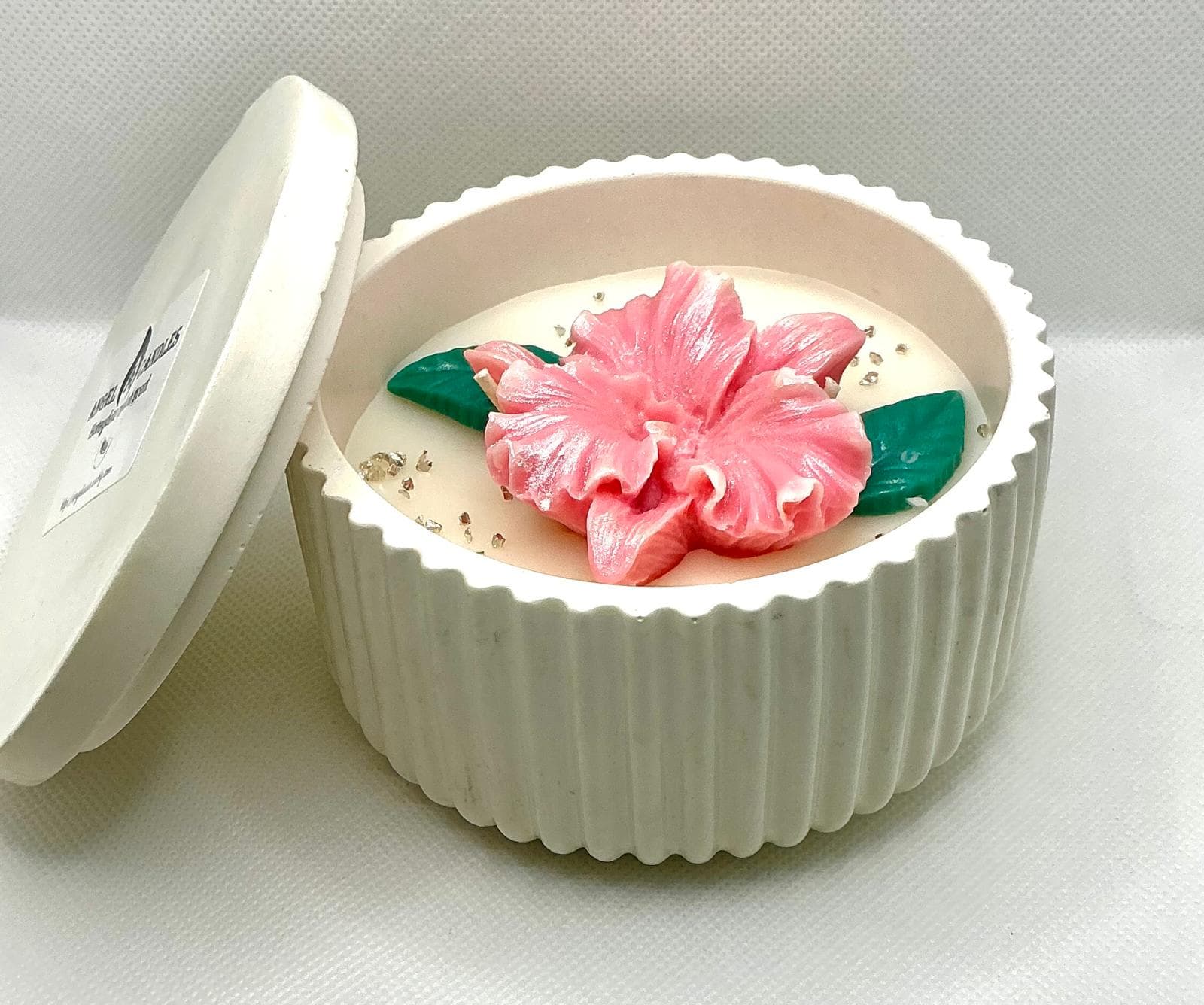 Angel A Candle floral decorative candle in ribbed lidded jar