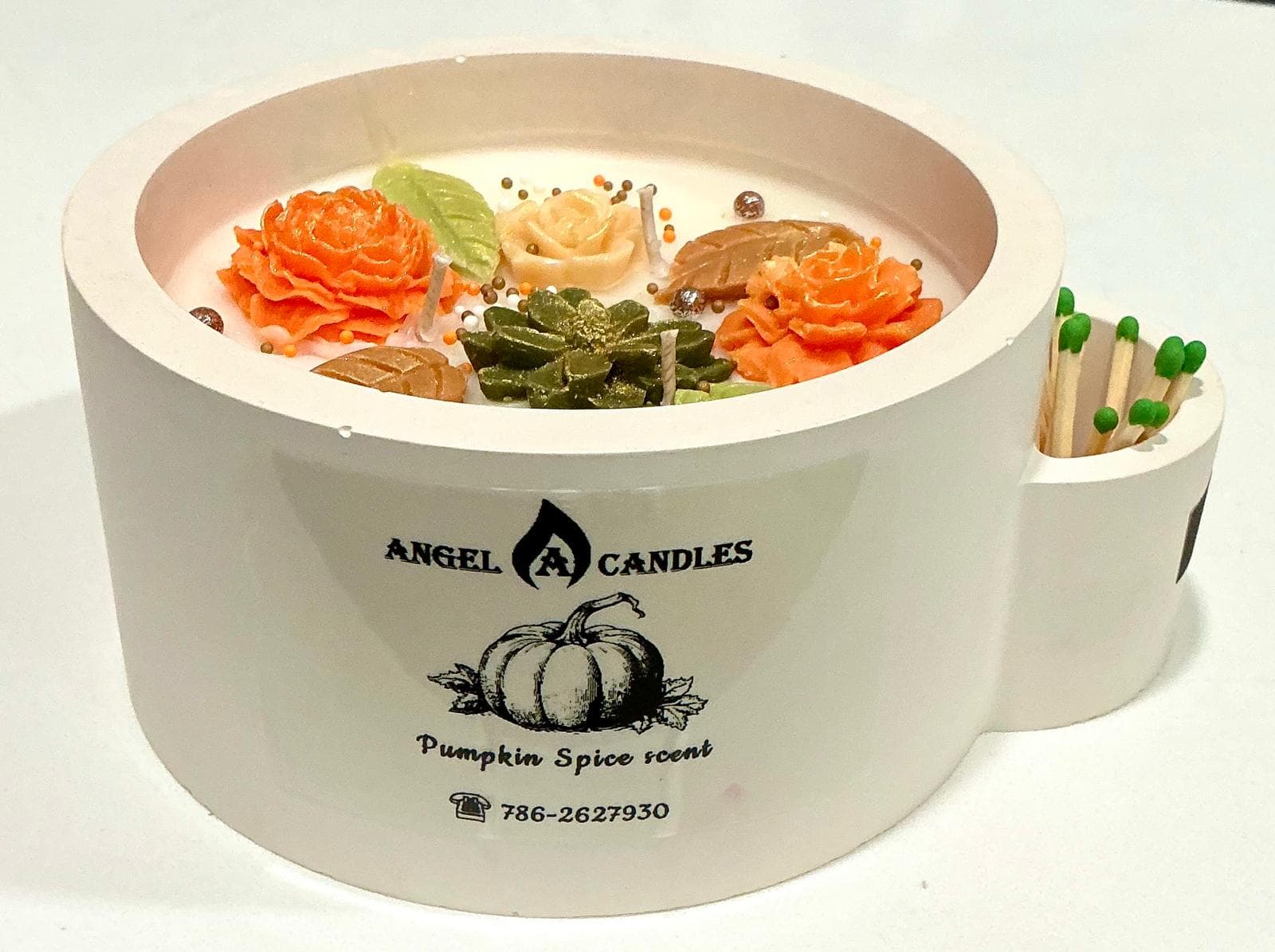 Angel A Candles Pumpkin Spice Scent Decorative Flower Bowl Candle with Match Holder